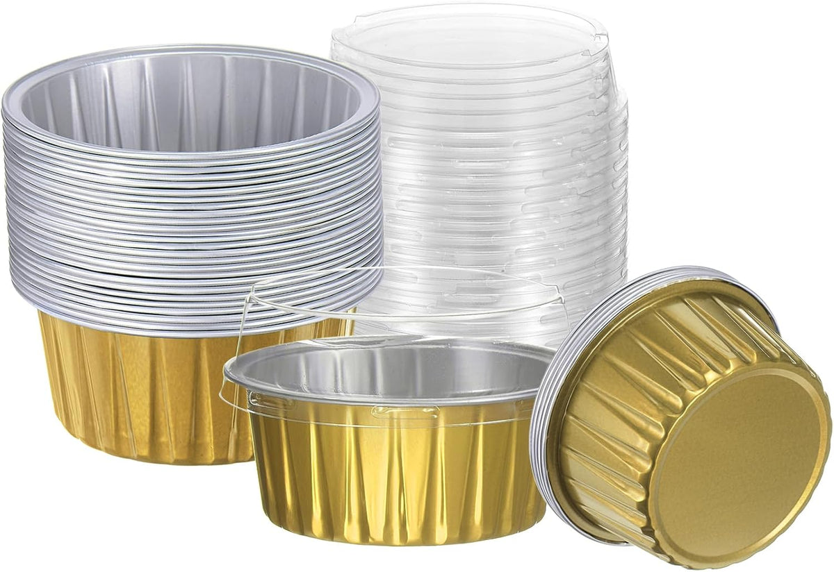 HARFINGTON 50Pcs Baking Cups with Lids 5oz Aluminum Foil Liners Mini Disposable Containers Cups Holder Cases Boxes Pans for Dessert Wedding Party, Blue