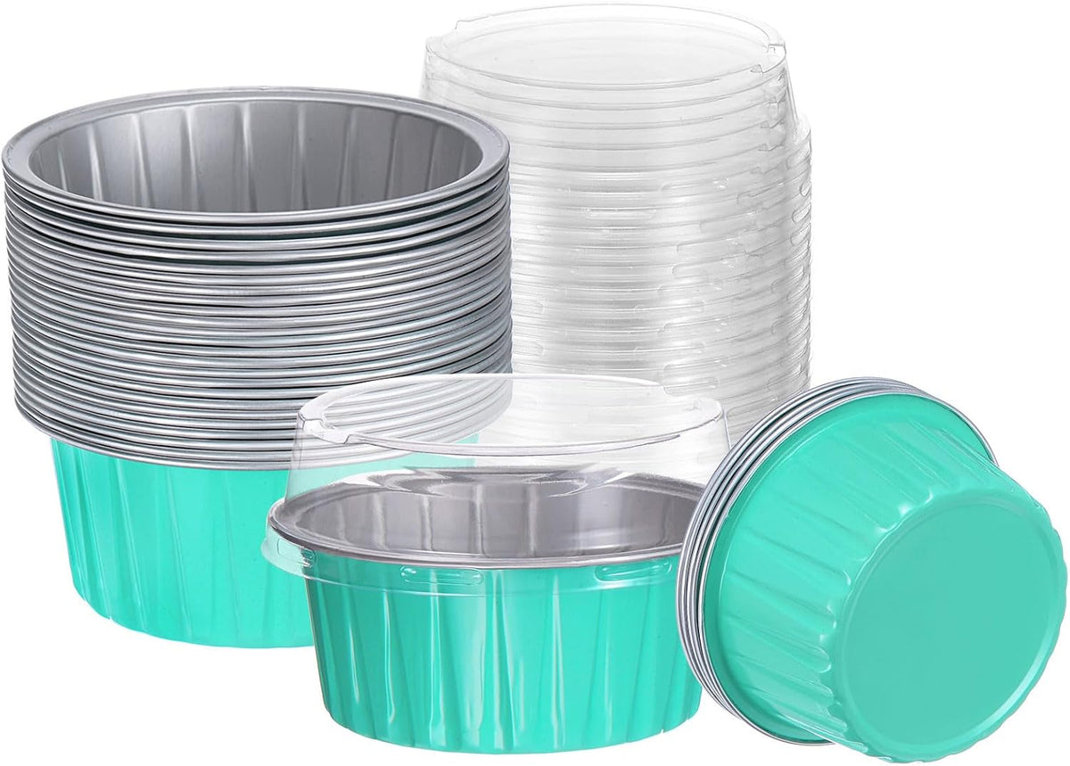 HARFINGTON 50Pcs Baking Cups with Lids 5oz Aluminum Foil Liners Mini Disposable Containers Cups Holder Cases Boxes Pans for Dessert Wedding Party, Blue