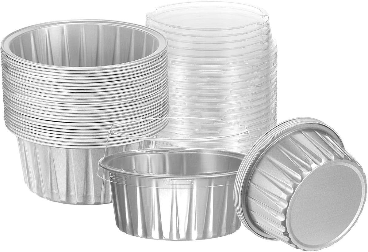 HARFINGTON 50Pcs Baking Cups with Lids 5oz Aluminum Foil Liners Mini Disposable Containers Cups Holder Cases Boxes Pans for Dessert Wedding Party, Blue