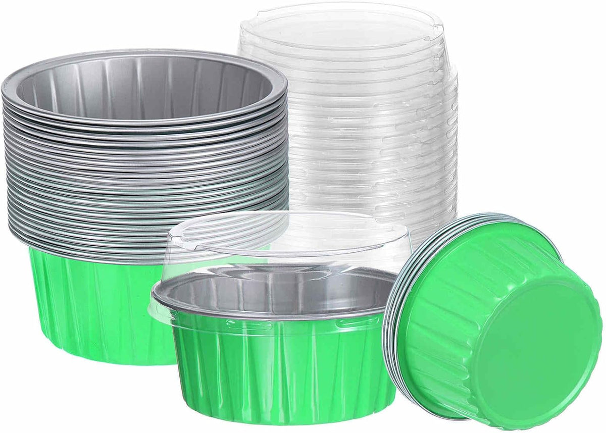 HARFINGTON 50Pcs Baking Cups with Lids 5oz Aluminum Foil Liners Mini Disposable Containers Cups Holder Cases Boxes Pans for Dessert Wedding Party, Blue