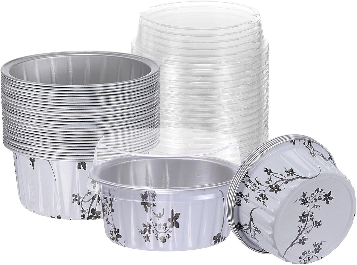 HARFINGTON 50Pcs Baking Cups with Lids 5oz Aluminum Foil Liners Mini Disposable Containers Cups Holder Cases Boxes Pans for Dessert Wedding Party, Blue