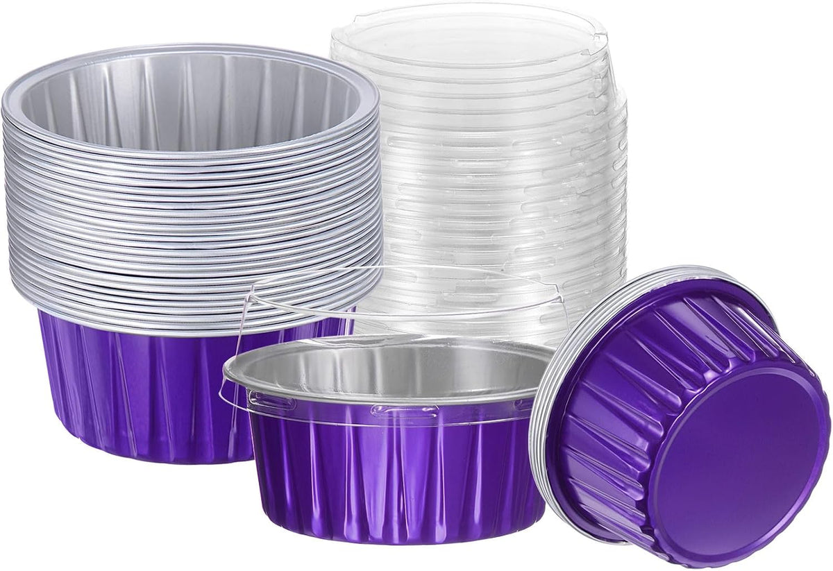 HARFINGTON 50Pcs Baking Cups with Lids 5oz Aluminum Foil Liners Mini Disposable Containers Cups Holder Cases Boxes Pans for Dessert Wedding Party, Blue