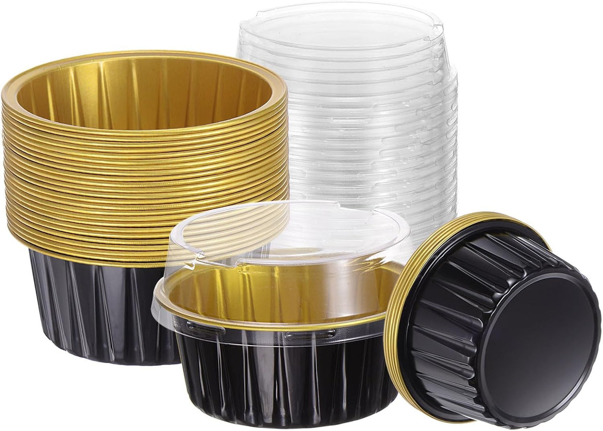 HARFINGTON 50Pcs Baking Cups with Lids 5oz Aluminum Foil Liners Mini Disposable Containers Cups Holder Cases Boxes Pans for Dessert Wedding Party, Blue