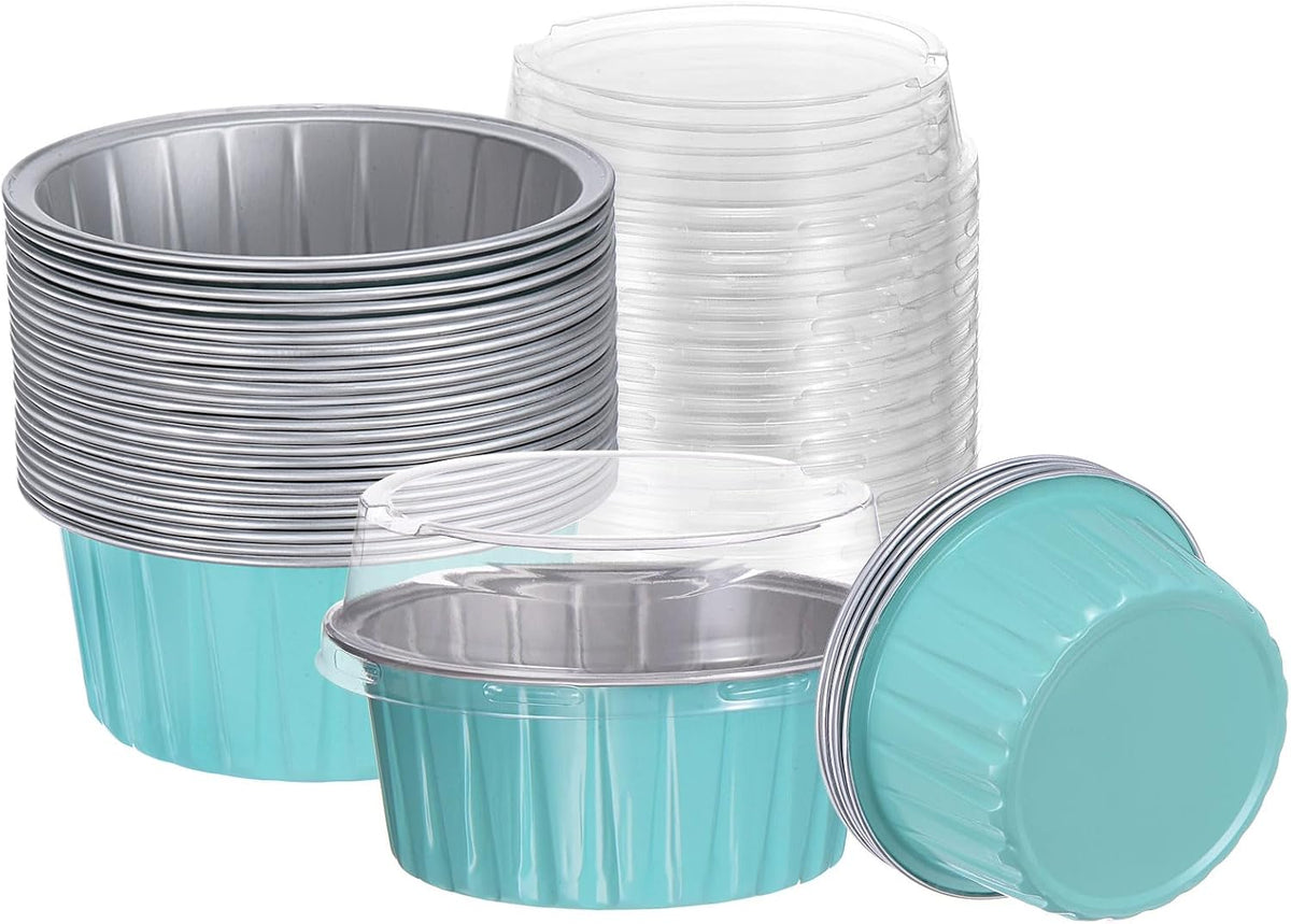 HARFINGTON 50Pcs Baking Cups with Lids 5oz Aluminum Foil Liners Mini Disposable Containers Cups Holder Cases Boxes Pans for Dessert Wedding Party, Blue