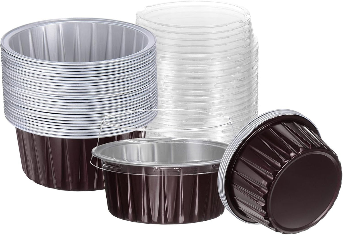 HARFINGTON 50Pcs Baking Cups with Lids 5oz Aluminum Foil Liners Mini Disposable Containers Cups Holder Cases Boxes Pans for Dessert Wedding Party, Blue