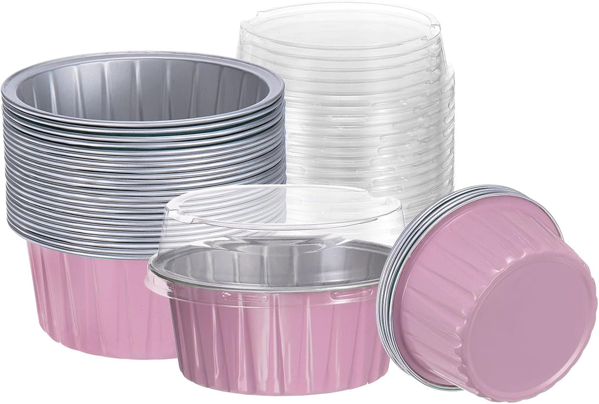 HARFINGTON 50Pcs Baking Cups with Lids 5oz Aluminum Foil Liners Mini Disposable Containers Cups Holder Cases Boxes Pans for Dessert Wedding Party, Blue