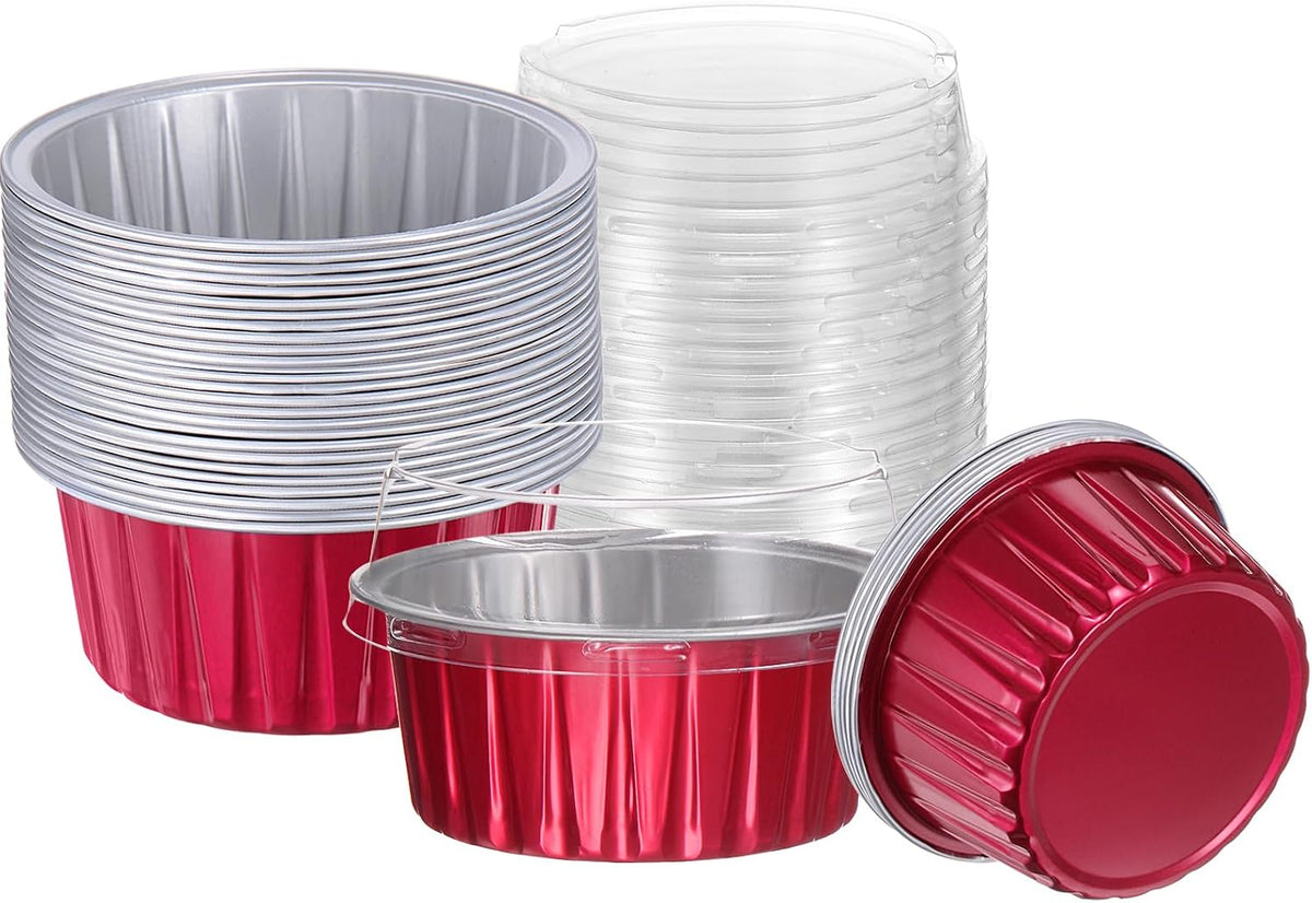 HARFINGTON 50Pcs Baking Cups with Lids 5oz Aluminum Foil Liners Mini Disposable Containers Cups Holder Cases Boxes Pans for Dessert Wedding Party, Blue