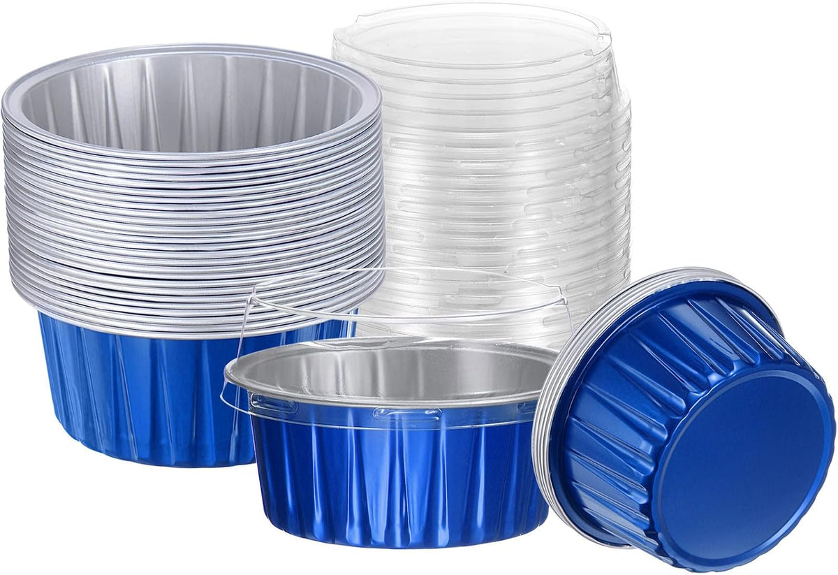 HARFINGTON 50Pcs Baking Cups with Lids 5oz Aluminum Foil Liners Mini Disposable Containers Cups Holder Cases Boxes Pans for Dessert Wedding Party, Blue