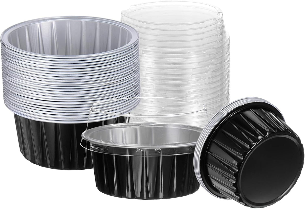 HARFINGTON 50Pcs Baking Cups with Lids 5oz Aluminum Foil Liners Mini Disposable Containers Cups Holder Cases Boxes Pans for Dessert Wedding Party, Blue
