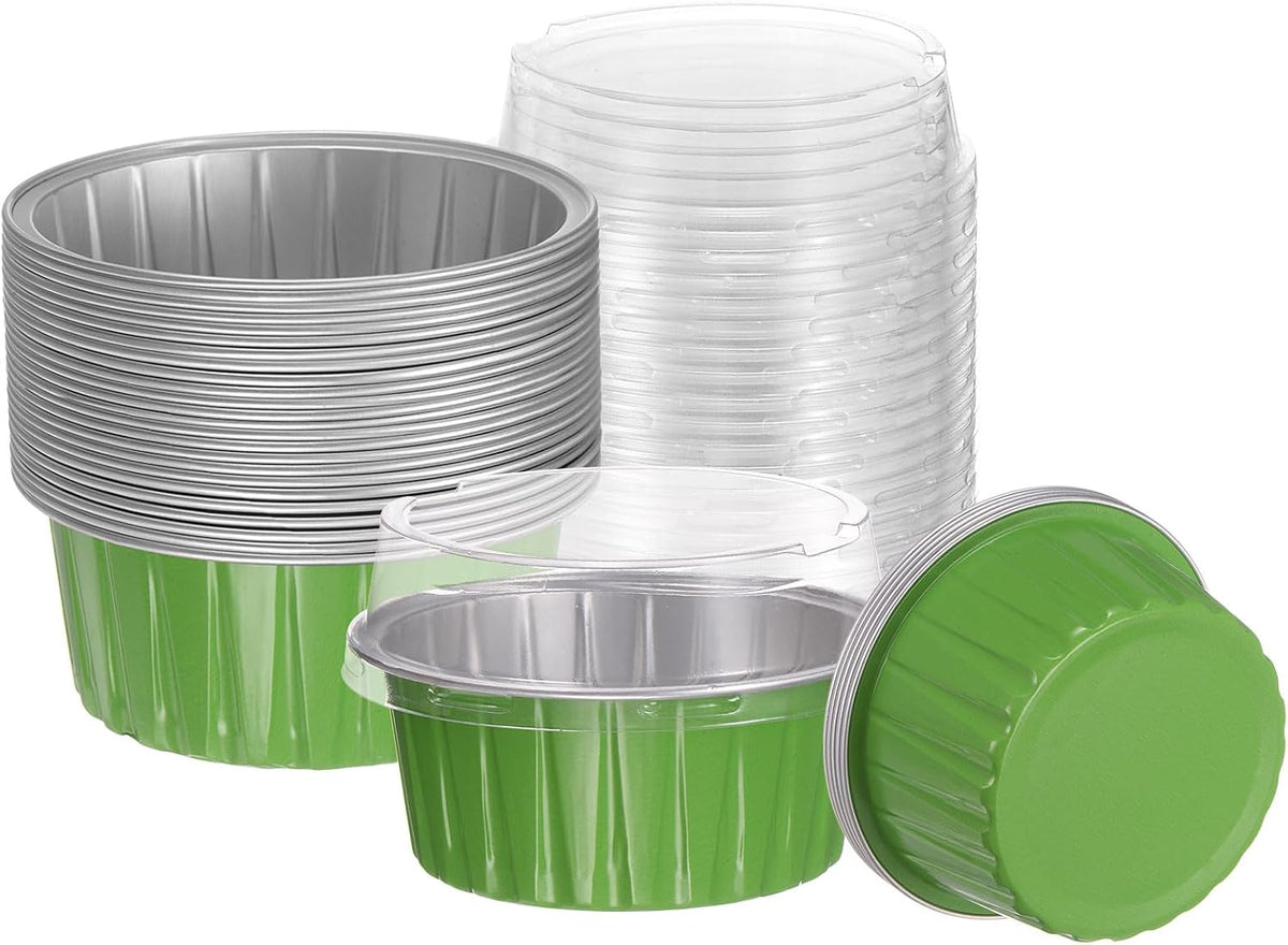 HARFINGTON 50Pcs Baking Cups with Lids 5oz Aluminum Foil Liners Mini Disposable Containers Cups Holder Cases Boxes Pans for Dessert Wedding Party, Blue